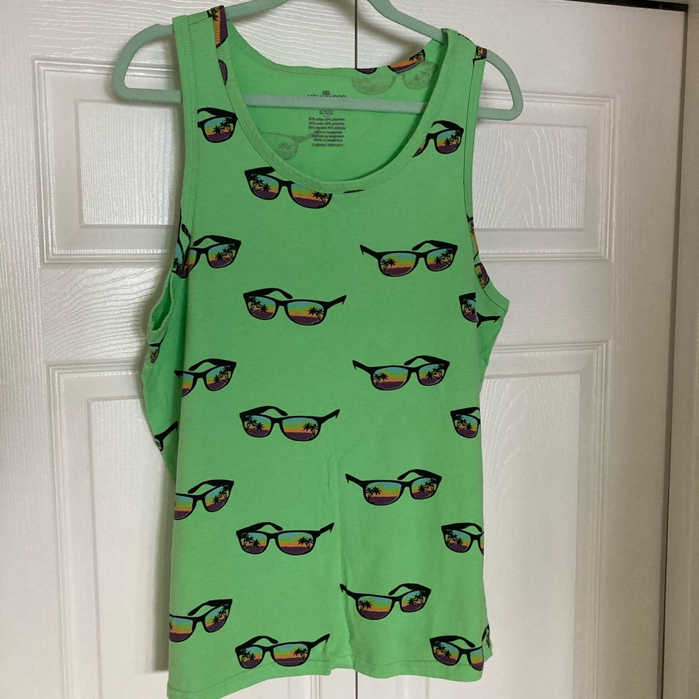 Green Tank Top with Sunglasses  palm tree Print